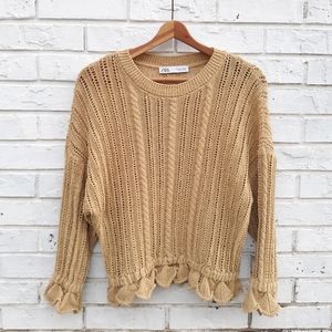 Zara Crochet Knit Sweater Pullover Gold Tan